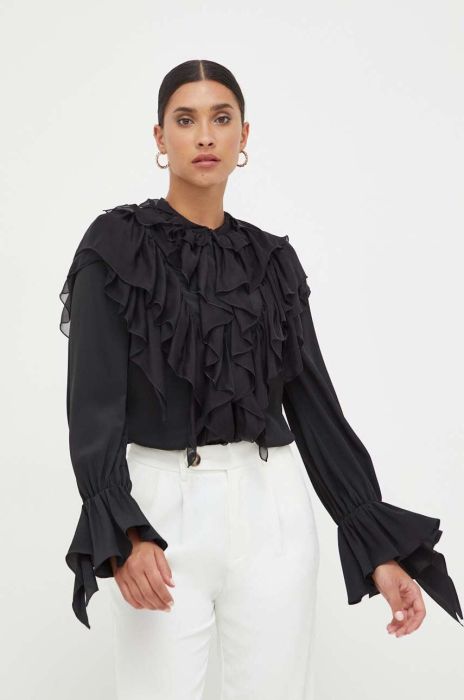 Сорочка з домішкою шовку Pinko колір чорний regular зі стійкою Сорочка з домішкою шовку Pinko колір чорний regular зі стійкою