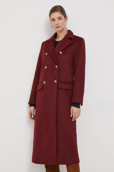 Вовняне пальто Pepe Jeans колір бордовий перехідний двобортний