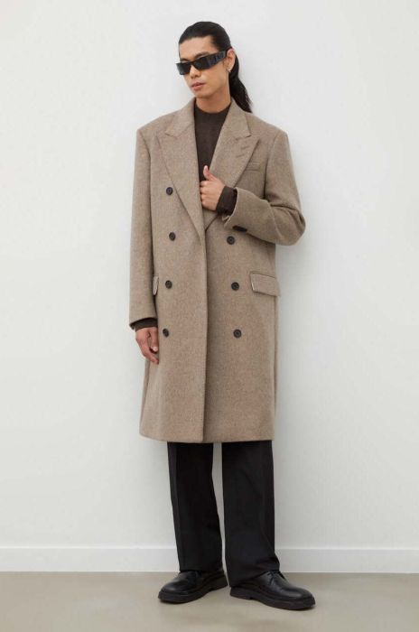 Вовняне пальто Tiger Of Sweden колір бежевий перехідний двобортний Вовняне пальто Tiger Of Sweden колір бежевий перехідний двобортний