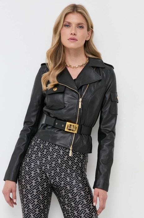 Шкіряна куртка Elisabetta Franchi жіноча колір чорний перехідна Шкіряна куртка Elisabetta Franchi жіноча колір чорний перехідна