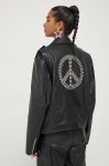 Шкіряна куртка Moschino Jeans жіноча колір чорний перехідна oversize Шкіряна куртка Moschino Jeans жіноча колір чорний перехідна oversize