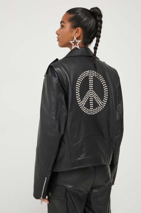 Шкіряна куртка Moschino Jeans жіноча колір чорний перехідна oversize Шкіряна куртка Moschino Jeans жіноча колір чорний перехідна oversize