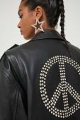 Шкіряна куртка Moschino Jeans жіноча колір чорний перехідна oversize Шкіряна куртка Moschino Jeans жіноча колір чорний перехідна oversize