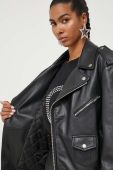 Шкіряна куртка Moschino Jeans жіноча колір чорний перехідна oversize Шкіряна куртка Moschino Jeans жіноча колір чорний перехідна oversize