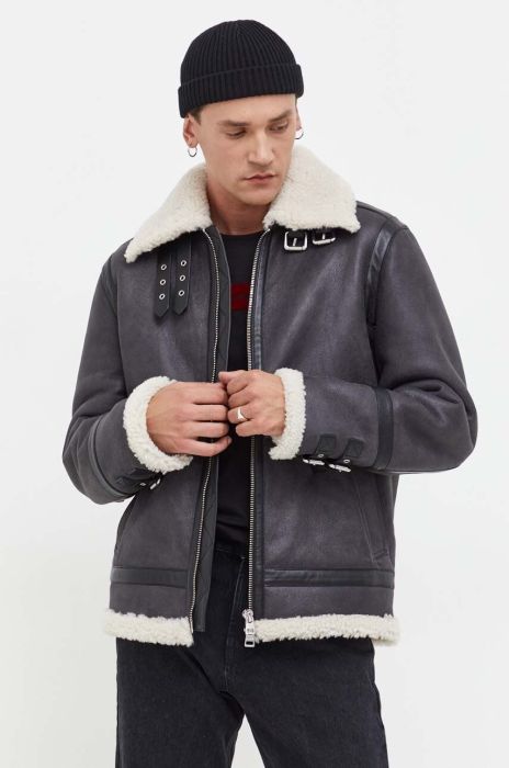 Шкіряна куртка HUGO чоловіча колір сірий перехідна Шкіряна куртка HUGO чоловіча колір сірий перехідна