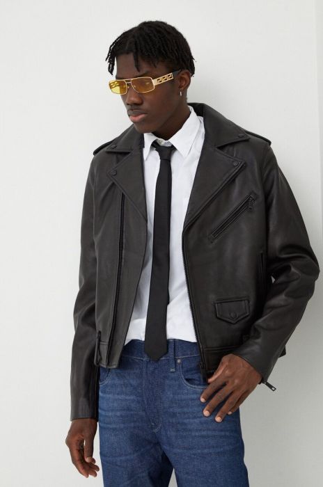 Шкіряна куртка The Kooples чоловіча колір чорний перехідна Шкіряна куртка The Kooples чоловіча колір чорний перехідна