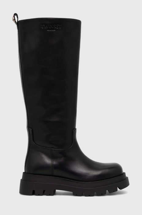 Шкіряні чоботи Twinset жіночі колір чорний на плоскому ходу 232TCT112 Шкіряні чоботи Twinset жіночі колір чорний на плоскому ходу 232TCT112