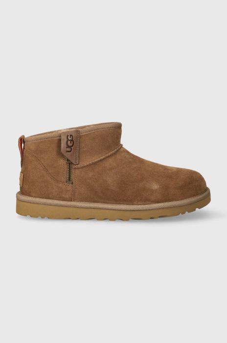 Замшеві чоботи UGG Classic Ultra Mini Zip колір коричневий 1143984 Замшеві чоботи UGG Classic Ultra Mini Zip колір коричневий 1143984