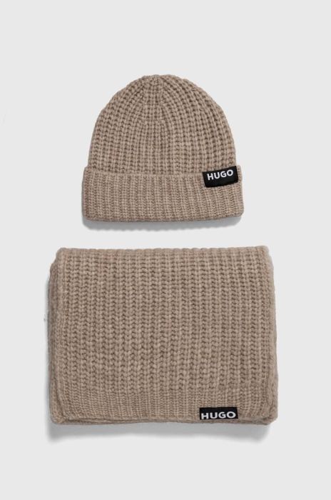 Шерстяна шапка і шарф HUGO колір бежевий Шерстяна шапка і шарф HUGO колір бежевий