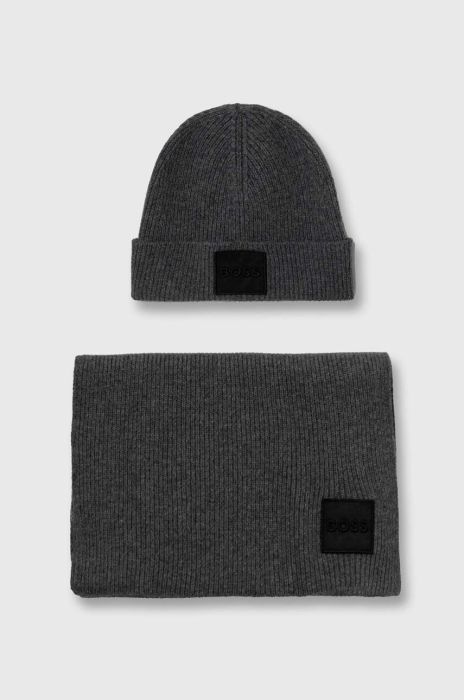 Шапка та шарф з домішкою вовни BOSS колір сірий Шапка та шарф з домішкою вовни BOSS колір сірий