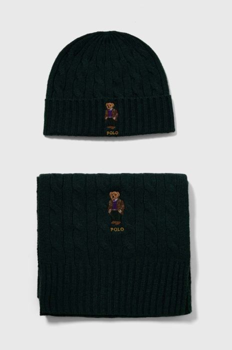 Шерстяна шапка і шарф Polo Ralph Lauren колір зелений Шерстяна шапка і шарф Polo Ralph Lauren колір зелений