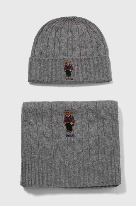 Шерстяна шапка і шарф Polo Ralph Lauren колір сірий Шерстяна шапка і шарф Polo Ralph Lauren колір сірий