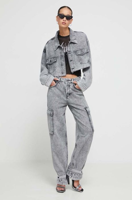 Джинси HUGO x Bella Poarch жіночі висока посадка колір сірий Джинси HUGO x Bella Poarch жіночі висока посадка колір сірий