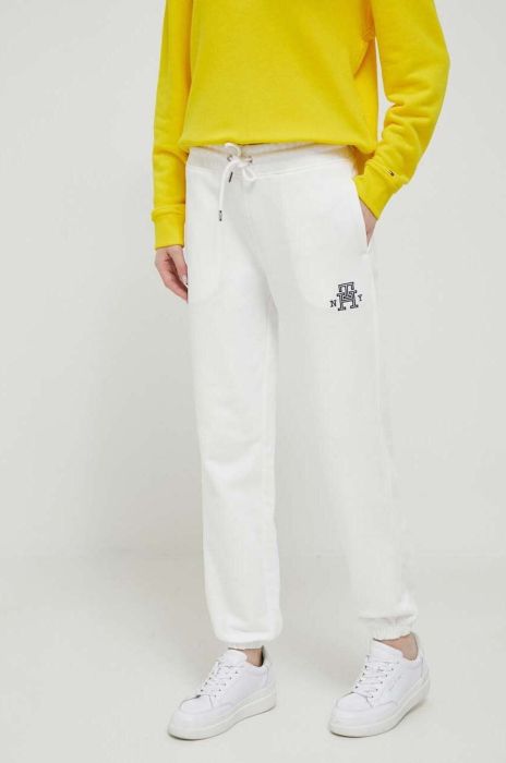 Бавовняні спортивні штани Tommy Hilfiger колір білий однотонні Бавовняні спортивні штани Tommy Hilfiger колір білий однотонні