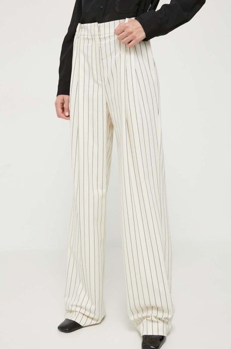 Штани з домішкою вовни HUGO колір бежевий широке висока посадка Штани з домішкою вовни HUGO колір бежевий широке висока посадка