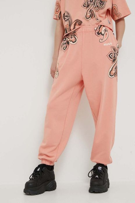 Бавовняні спортивні штани HUGO колір помаранчевий з принтом Бавовняні спортивні штани HUGO колір помаранчевий з принтом