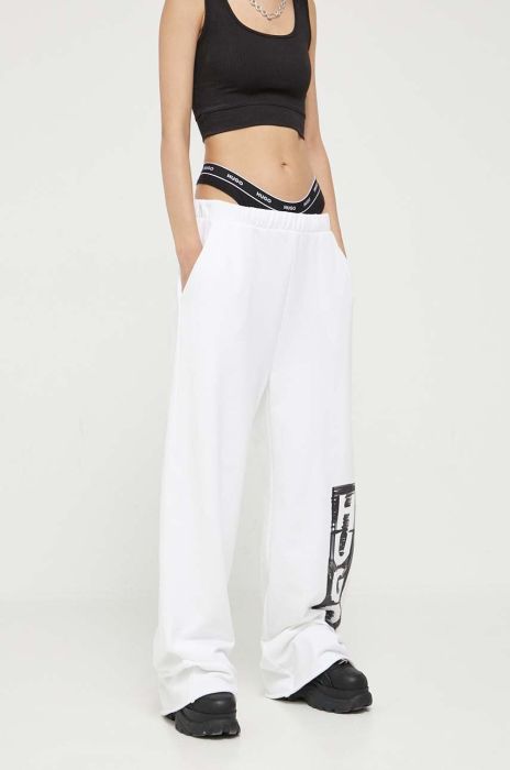 Бавовняні штани HUGO колір білий з принтом Бавовняні штани HUGO колір білий з принтом