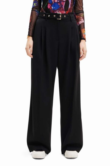 Штани Desigual 23WWPW24 WOMAN WOVEN LONG TROUSERS жіночі колір чорний широкі середня посадка Штани Desigual 23WWPW24 WOMAN WOVEN LONG TROUSERS жіночі колір чорний широкі середня посадка