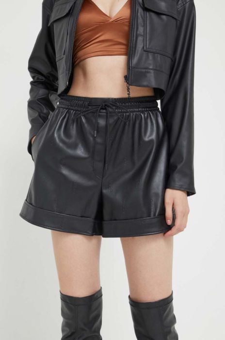 Шорти HUGO жіночі колір чорний однотонні висока посадка Шорти HUGO жіночі колір чорний однотонні висока посадка