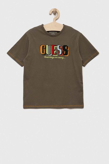 Дитяча бавовняна футболка Guess колір зелений з аплікацією (3294277) Дитяча бавовняна футболка Guess колір зелений з аплікацією (3294277)