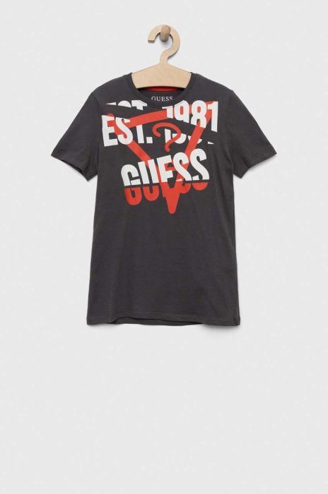 Дитяча бавовняна футболка Guess колір сірий з принтом (3333183) Дитяча бавовняна футболка Guess колір сірий з принтом (3333183)