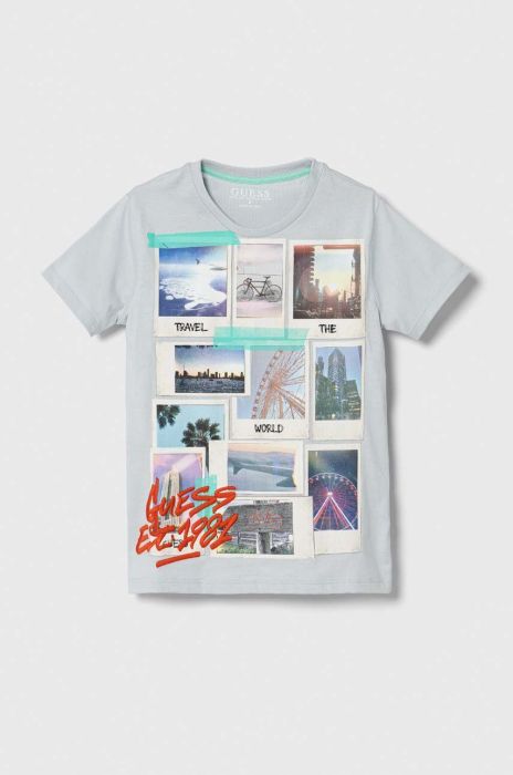 Дитяча бавовняна футболка Guess колір сірий з принтом (3370283) Дитяча бавовняна футболка Guess колір сірий з принтом (3370283)