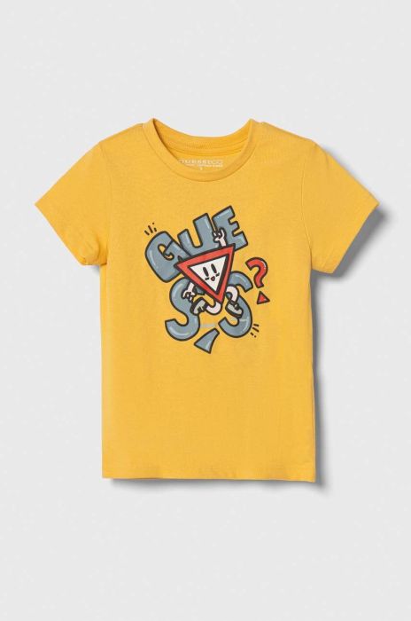 Дитяча бавовняна футболка Guess колір жовтий візерунок Дитяча бавовняна футболка Guess колір жовтий візерунок