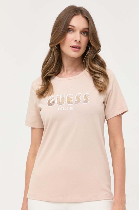 Бавовняна футболка Guess колір бежевий (3333282) Бавовняна футболка Guess колір бежевий (3333282)