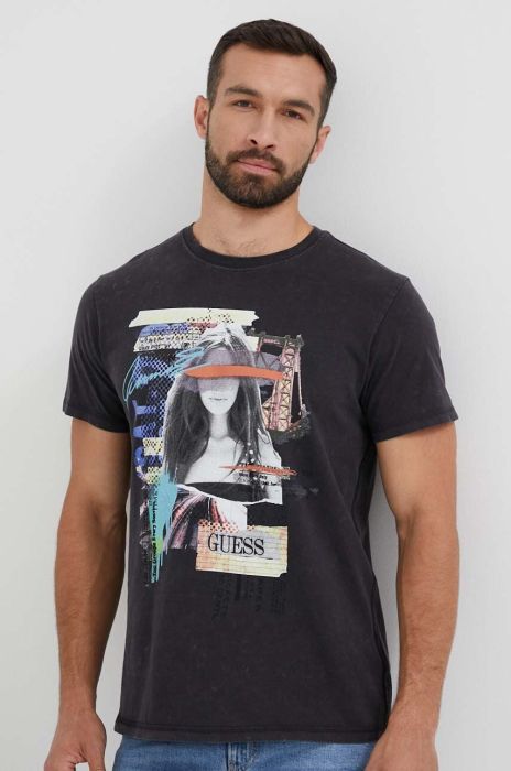 Бавовняна футболка Guess колір сірий з принтом Бавовняна футболка Guess колір сірий з принтом