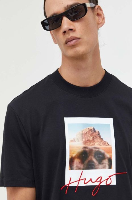 Бавовняна футболка HUGO колір чорний з принтом (3306415) Бавовняна футболка HUGO колір чорний з принтом (3306415)