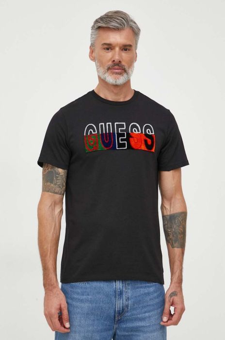 Бавовняна футболка Guess чоловічий колір чорний з аплікацією Бавовняна футболка Guess чоловічий колір чорний з аплікацією