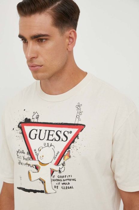 Бавовняна футболка Guess Guess x Banksy чоловіча колір бежевий з принтом Бавовняна футболка Guess Guess x Banksy чоловіча колір бежевий з принтом