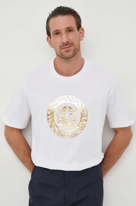 Бавовняна футболка Just Cavalli чоловічий колір білий з принтом Бавовняна футболка Just Cavalli чоловічий колір білий з принтом