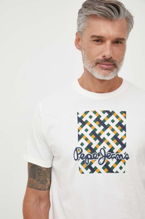 Бавовняна футболка Pepe Jeans WARREN колір бежевий з принтом Бавовняна футболка Pepe Jeans WARREN колір бежевий з принтом