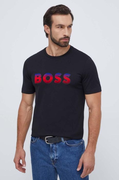Бавовняна футболка BOSS чоловічий колір чорний з аплікацією Бавовняна футболка BOSS чоловічий колір чорний з аплікацією