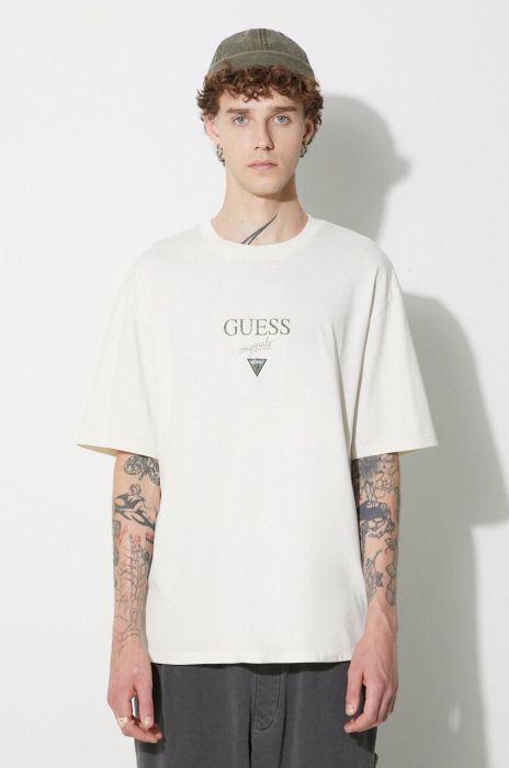 Бавовняна футболка Guess Originals колір бежевий з принтом (3488505) Бавовняна футболка Guess Originals колір бежевий з принтом (3488505)