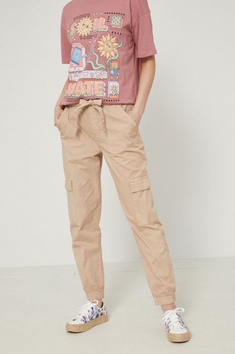 Бавовняні штани Medicine жіночі колір бежевий фасон jogger висока посадка Бавовняні штани Medicine жіночі колір бежевий фасон jogger висока посадка