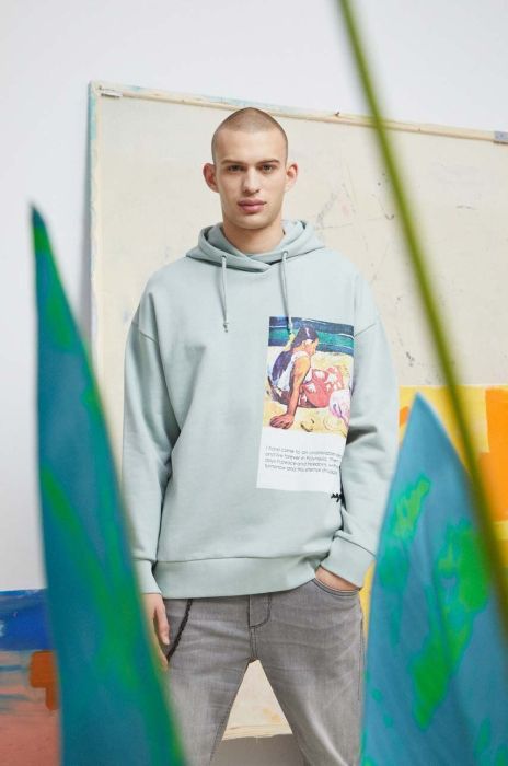 Бавовняна кофта Medicine чоловіча колір бірюзовий з капюшоном з принтом Бавовняна кофта Medicine чоловіча колір бірюзовий з капюшоном з принтом