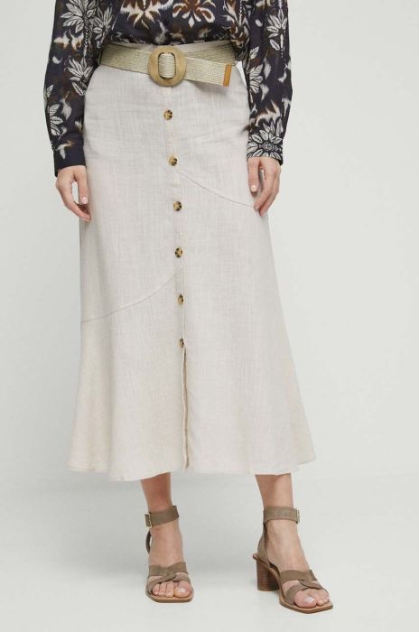 Спідниця з домішкою льону Medicine колір бежевий maxi розкльошена Спідниця з домішкою льону Medicine колір бежевий maxi розкльошена