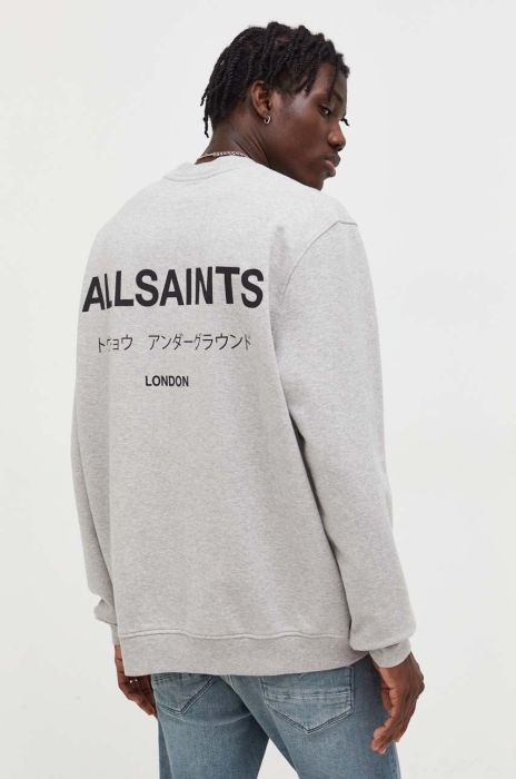 Бавовняний лонгслів AllSaints колір сірий з принтом Бавовняний лонгслів AllSaints колір сірий з принтом