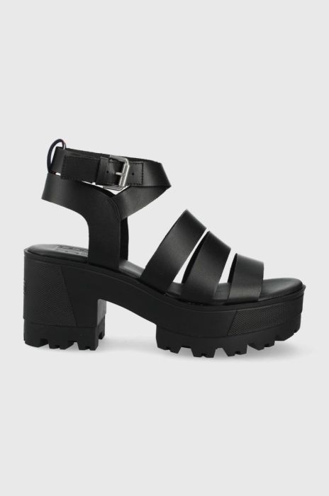 Шкіряні сандалі Tommy Jeans жіночі колір чорний каблук блок Шкіряні сандалі Tommy Jeans жіночі колір чорний каблук блок