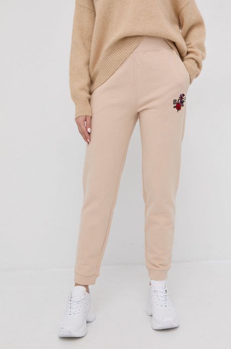 Бавовняні штани Boss жіночі колір бежевий гладкі