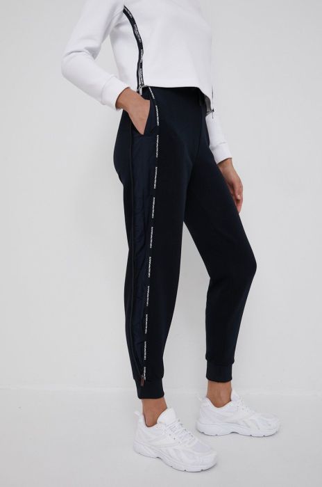 Штани Emporio Armani жіночі колір синій фасон jogger висока посадка Штани Emporio Armani жіночі колір синій фасон jogger висока посадка