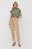 Штани з домішкою льону HUGO жіночі колір бежевий фасон cargo висока посадка