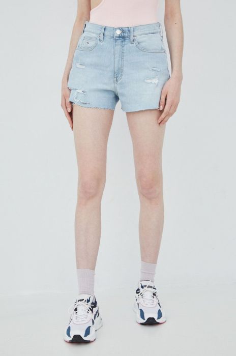 Джинсові шорти Tommy Jeans жіночі однотонні висока посадка колір блакитний (2412744)