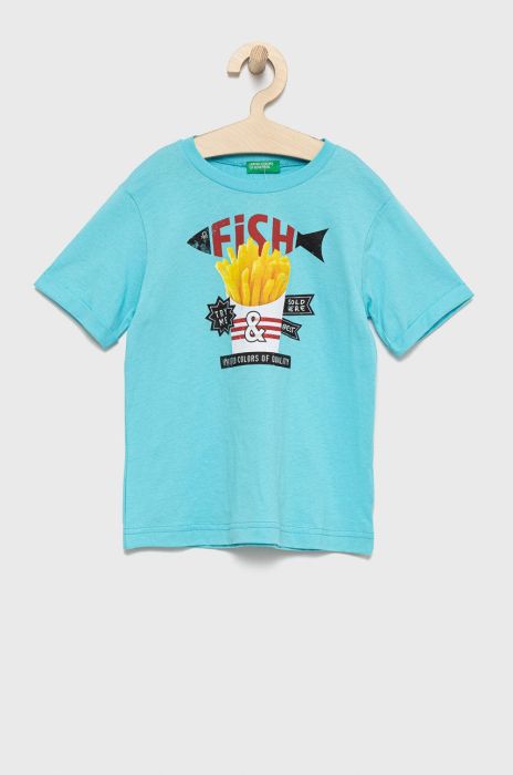 Дитяча бавовняна футболка United Colors of Benetton з принтом колір блакитний (2409356) Дитяча бавовняна футболка United Colors of Benetton з принтом колір блакитний (2409356)