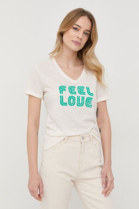 Футболка з домішкою льону Morgan колір бежевий Футболка з домішкою льону Morgan колір бежевий