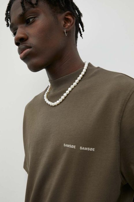 Бавовняна футболка Samsoe Samsoe колір зелений з принтом