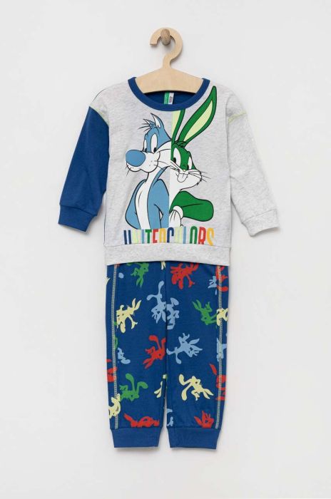 Дитяча бавовняна піжама United Colors of Benetton x Looney Tunes візерунок колір блакитний Дитяча бавовняна піжама United Colors of Benetton x Looney Tunes візерунок колір блакитний