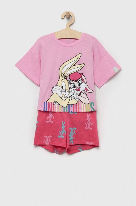 Дитяча бавовняна піжама United Colors of Benetton x Looney Tunes колір рожевий з принтом Дитяча бавовняна піжама United Colors of Benetton x Looney Tunes колір рожевий з принтом
